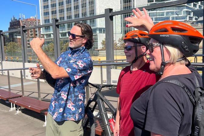 Guided Electric Bike Tour of Sydney with Bluetooth helmets - The Barangaroo Reserve pause: new park, old industrial story